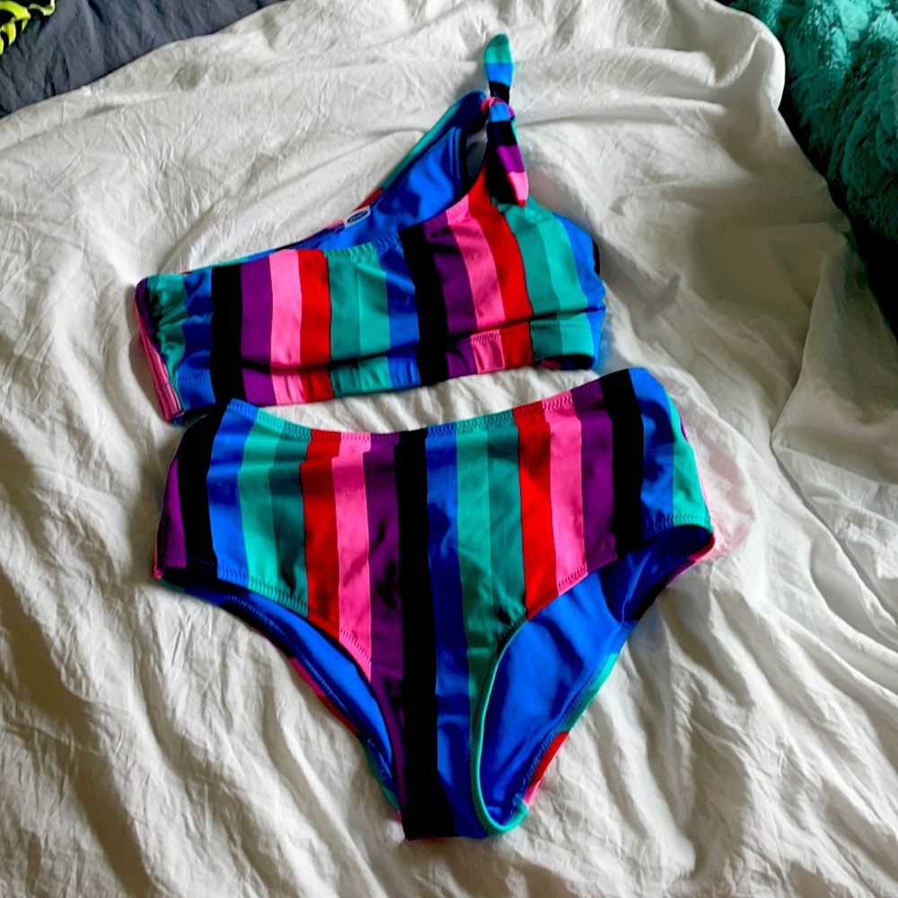 2 piece swim rainbow high waisted one shoulder